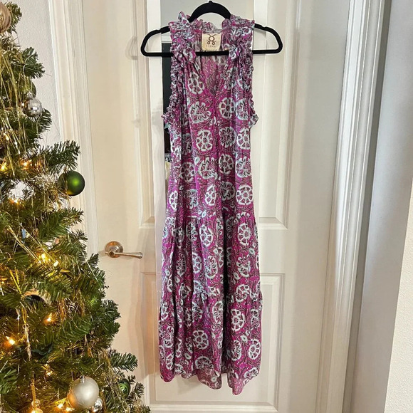1026 Figue Printed Midi Dress Size Medium Color Purple - Picture 4 of 8